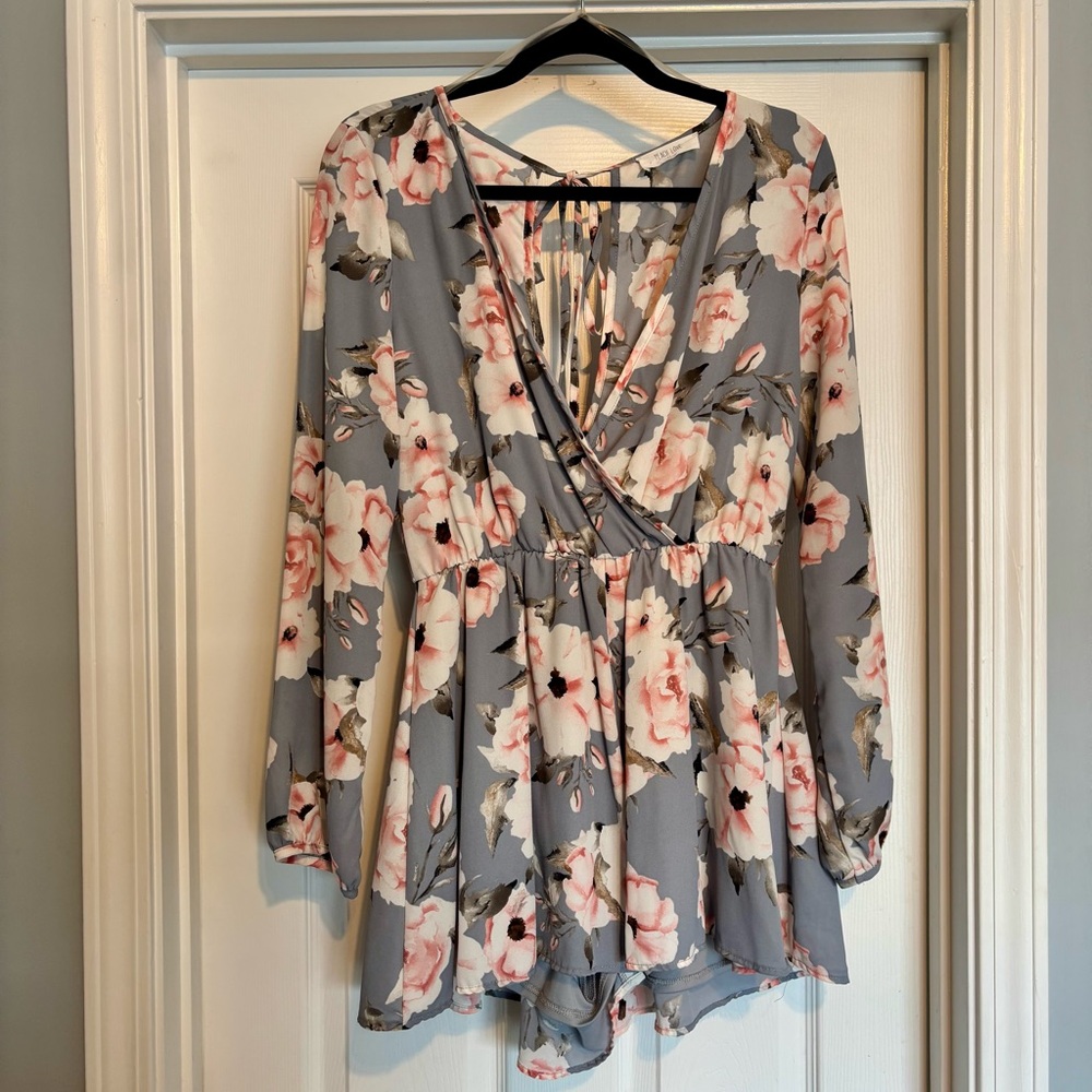Peach Love California Floral Wrap Jumpsuit - Pink & Gray